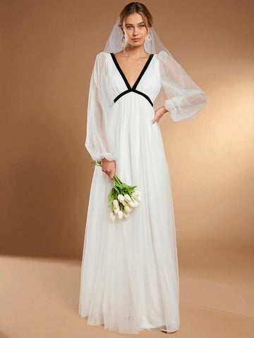 Belle Contrast Tape Mesh Overlay Maxi Wedding Dress Without Veil