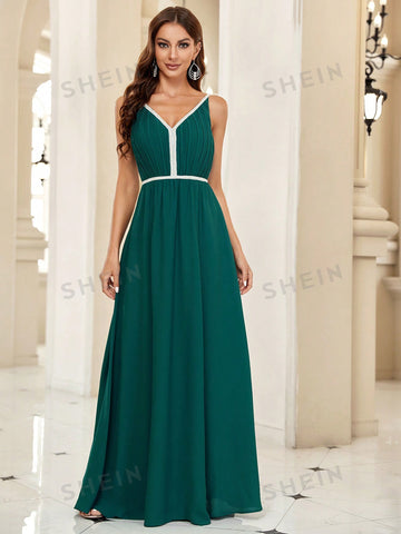 Contrast Trim Chiffon Prom Dress