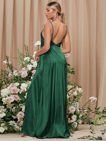 Cowl Neck Open Back Split Thigh Satin Slip Bridesmaid Dress