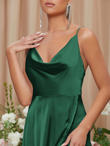 Cowl Neck Open Back Split Thigh Satin Slip Bridesmaid Dress