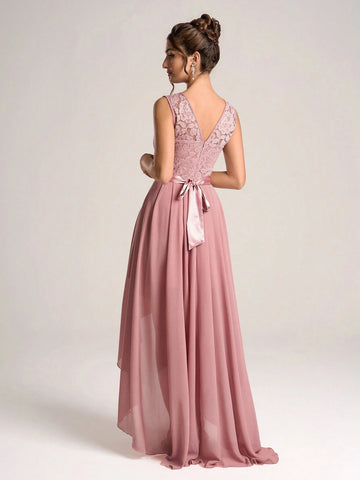 Crew Neck Sleeveless Backless Simple Casual Long Bridesmaid Dress (Adult)