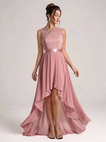 Crew Neck Sleeveless Backless Simple Casual Long Bridesmaid Dress (Adult)