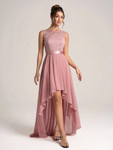 Crew Neck Sleeveless Backless Simple Casual Long Bridesmaid Dress (Adult)