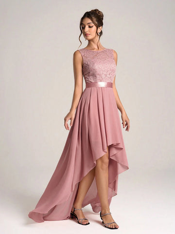 Crew Neck Sleeveless Backless Simple Casual Long Bridesmaid Dress (Adult)