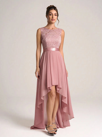 Crew Neck Sleeveless Backless Simple Casual Long Bridesmaid Dress (Adult)