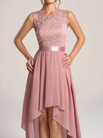 Crew Neck Sleeveless Backless Simple Casual Long Bridesmaid Dress (Adult)