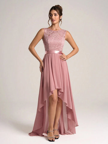 Crew Neck Sleeveless Backless Simple Casual Long Bridesmaid Dress (Adult)