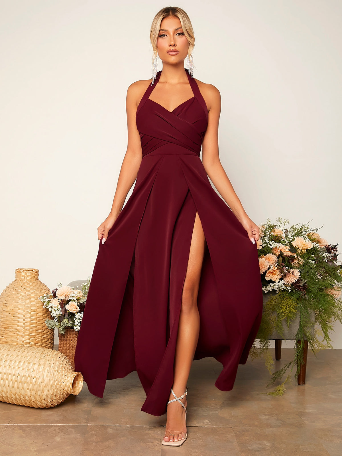 Criss Cross Tie Backless Wrap Hem Halter Bridesmaid Dress