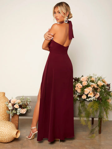 Criss Cross Tie Backless Wrap Hem Halter Bridesmaid Dress