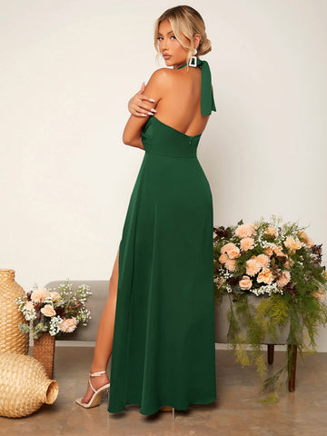 Criss Cross Tie Backless Wrap Hem Halter Bridesmaid Dress