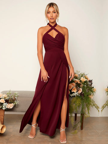 Criss Cross Tie Backless Wrap Hem Halter Bridesmaid Dress