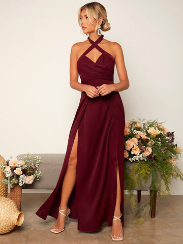 Criss Cross Tie Backless Wrap Hem Halter Bridesmaid Dress