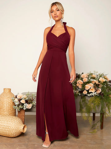 Criss Cross Tie Backless Wrap Hem Halter Bridesmaid Dress