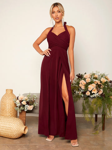 Criss Cross Tie Backless Wrap Hem Halter Bridesmaid Dress