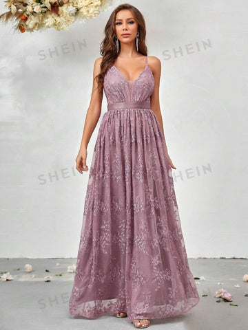 Crisscross Backless Embroidery Mesh Overlay Cami Dress