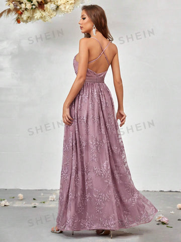 Crisscross Backless Embroidery Mesh Overlay Cami Dress