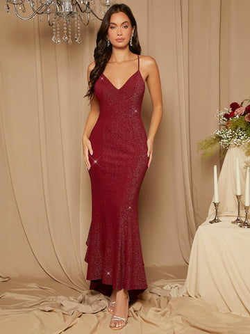 Crisscross Backless Ruffle Trim Bridesmaid Dress