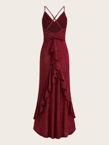 Crisscross Backless Ruffle Trim Bridesmaid Dress