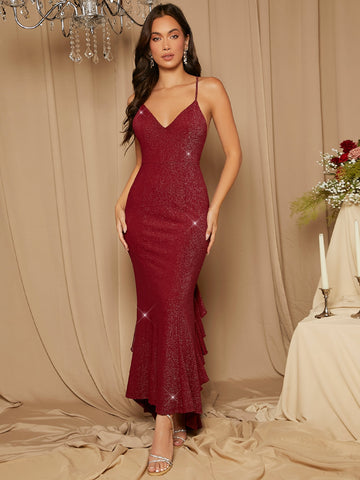 Crisscross Backless Ruffle Trim Bridesmaid Dress