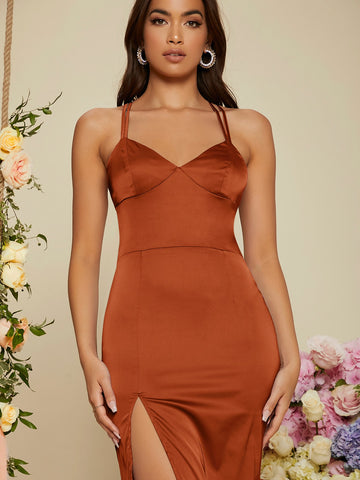 Crisscross Backless Slit Thigh Satin Cami Prom Dress