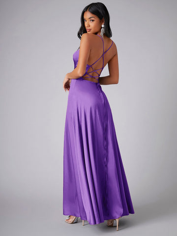 Crisscross Backless Wrap Satin Prom Bridesmaid Dress
