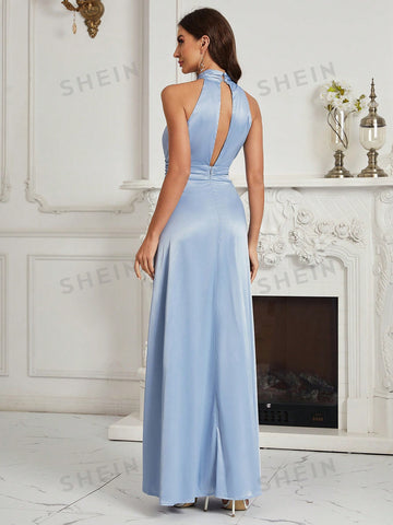 Crisscross Tie Backless Split Thigh Satin Halter Bridesmaid Dress