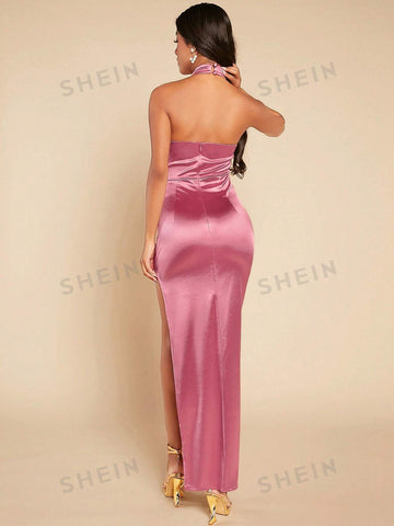 Cross Wrap Halter Backless Split Thigh Satin Bridesmaid Dress