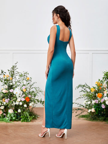 Cut Out O-ring Ruched Split Thigh Bridesmaid Dress