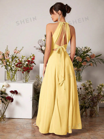 Cut Out Split Thigh Halter Neck Bridesmaid Dress