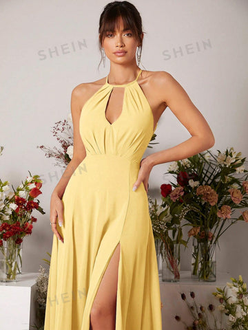 Cut Out Split Thigh Halter Neck Bridesmaid Dress