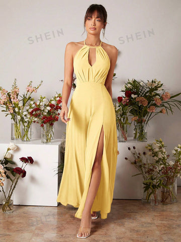 Cut Out Split Thigh Halter Neck Bridesmaid Dress