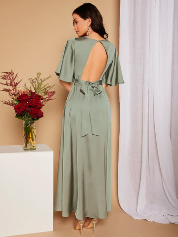 Cut Out Tie Back Butterfly Sleeve Satin Bridesmaid Dress