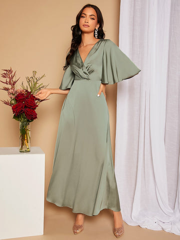 Cut Out Tie Back Butterfly Sleeve Satin Bridesmaid Dress