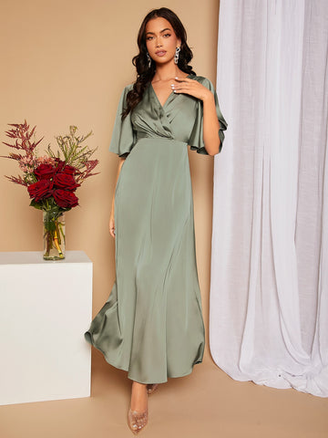 Cut Out Tie Back Butterfly Sleeve Satin Bridesmaid Dress