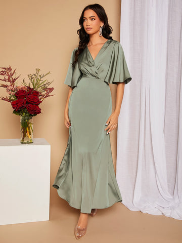 Cut Out Tie Back Butterfly Sleeve Satin Bridesmaid Dress