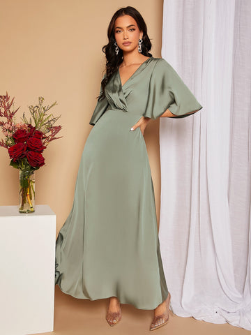 Cut Out Tie Back Butterfly Sleeve Satin Bridesmaid Dress