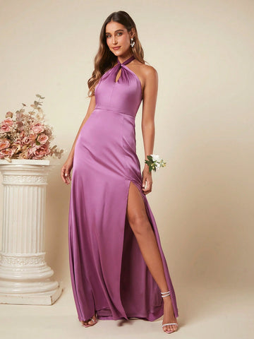 Belle Cut Out Tie Backless Split Thigh Halter Dress
