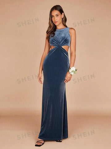 Cut Out Waist Velvet Bridesmaid Dress