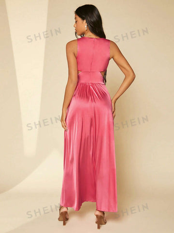 Cut Out Waist Wrap Hem Satin Bridesmaid Dress