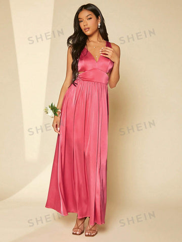 Cut Out Waist Wrap Hem Satin Bridesmaid Dress