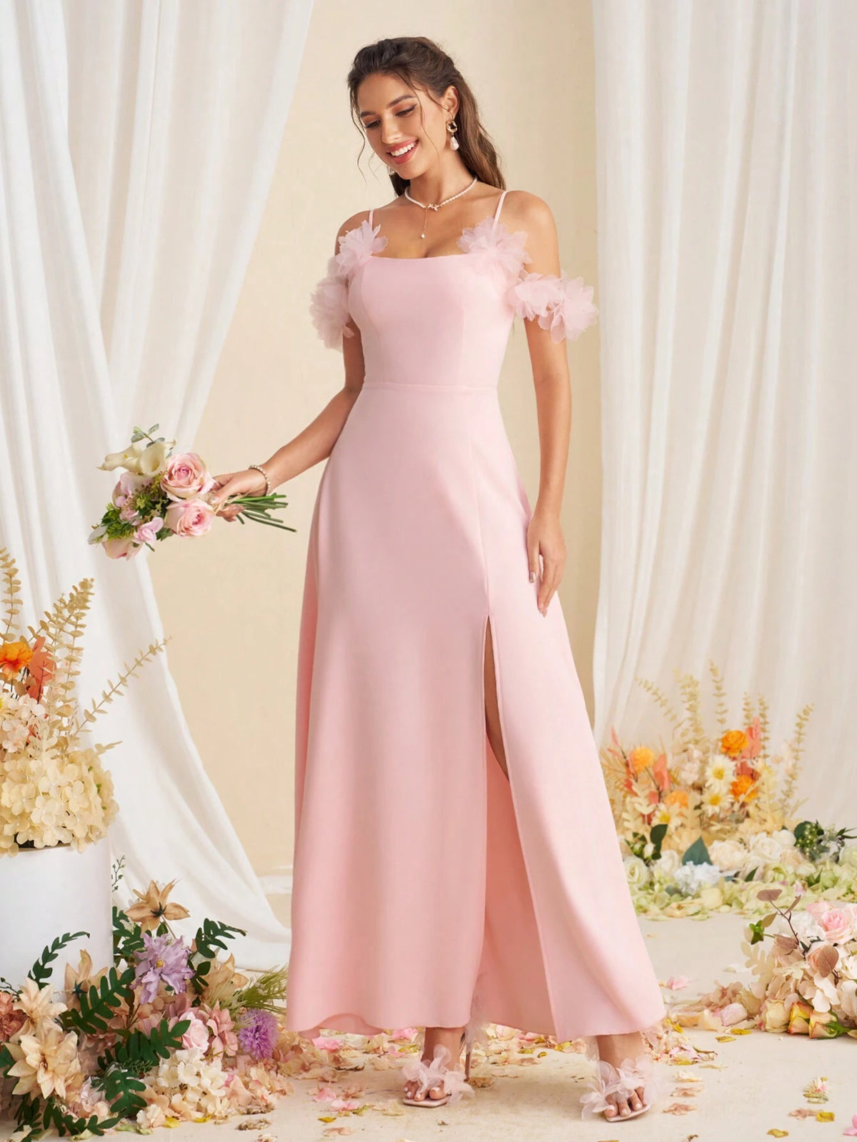 Decorative Flower Slit Elegant Bridesmaid Dress