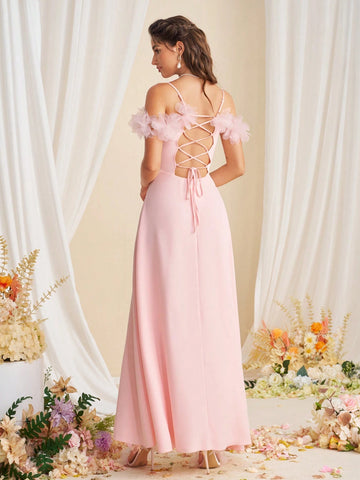 Decorative Flower Slit Elegant Bridesmaid Dress