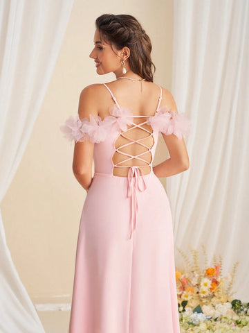 Decorative Flower Slit Elegant Bridesmaid Dress