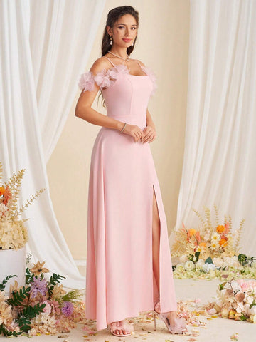 Decorative Flower Slit Elegant Bridesmaid Dress