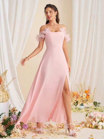 Decorative Flower Slit Elegant Bridesmaid Dress
