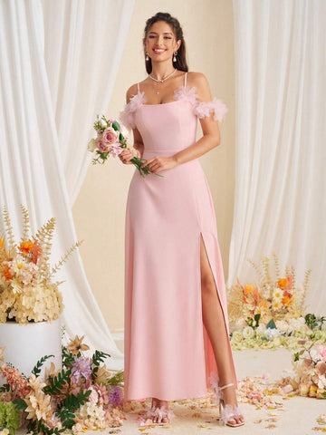 Decorative Flower Slit Elegant Bridesmaid Dress