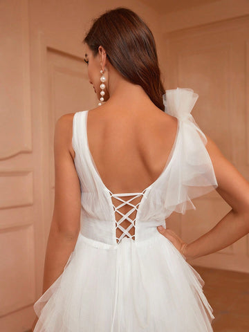 Deep V-Neck Mesh Wedding Dress With Asymmetrical Hem