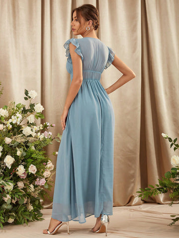 Deep V-Neck Ruffle Detail High Split Bridesmaid Gown