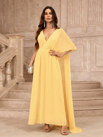 Deep V-Neck Yellow Criss-Cross One-Side Cape Bridesmaid Dress