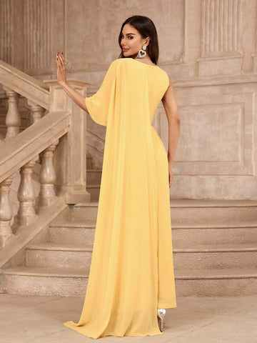 Deep V-Neck Yellow Criss-Cross One-Side Cape Bridesmaid Dress